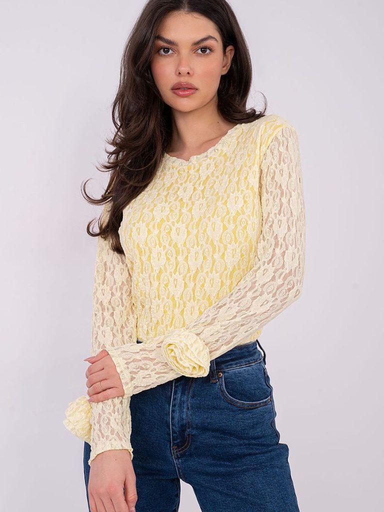 Blouse dentelle roses jaune, col rond, manches longues épousées