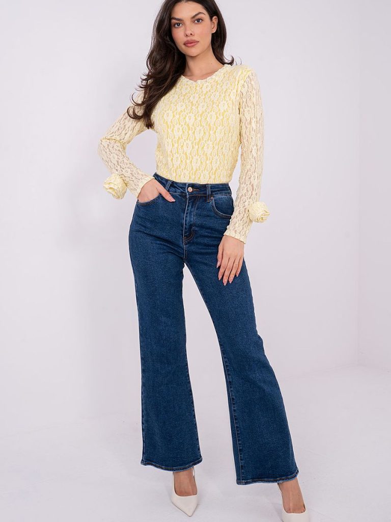 Blouse dentelle roses jaune, col rond, manches longues épousées — vue 1