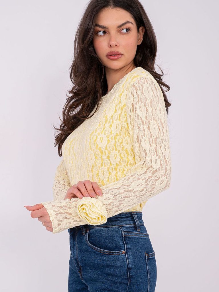 Blouse dentelle roses jaune, col rond, manches longues épousées — vue 2