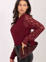 Blouse dentelle manches longues ajourées, roses brodées, col rond — vue 1