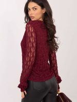 Blouse dentelle manches longues ajourées, roses brodées, col rond — vue 2