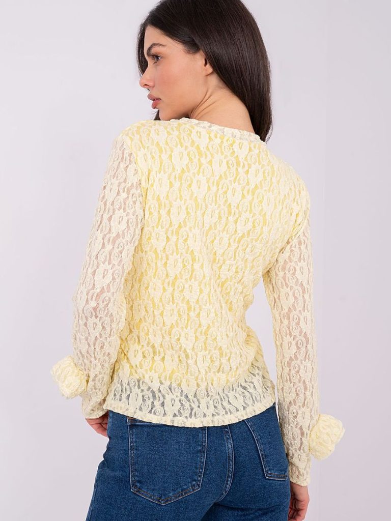 Blouse dentelle roses jaune, col rond, manches longues épousées — vue 3