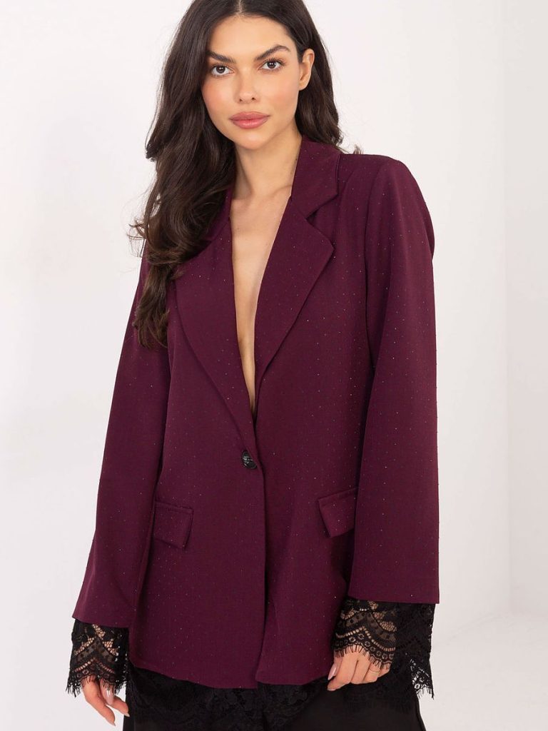 Veste soirée violet avec strass et dentelle aux manches