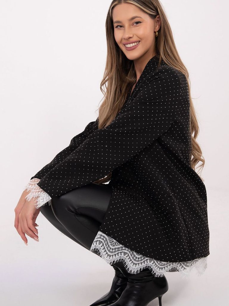 Veste soirée noire strass dentelle, coupe élégante épaulettes — vue 1