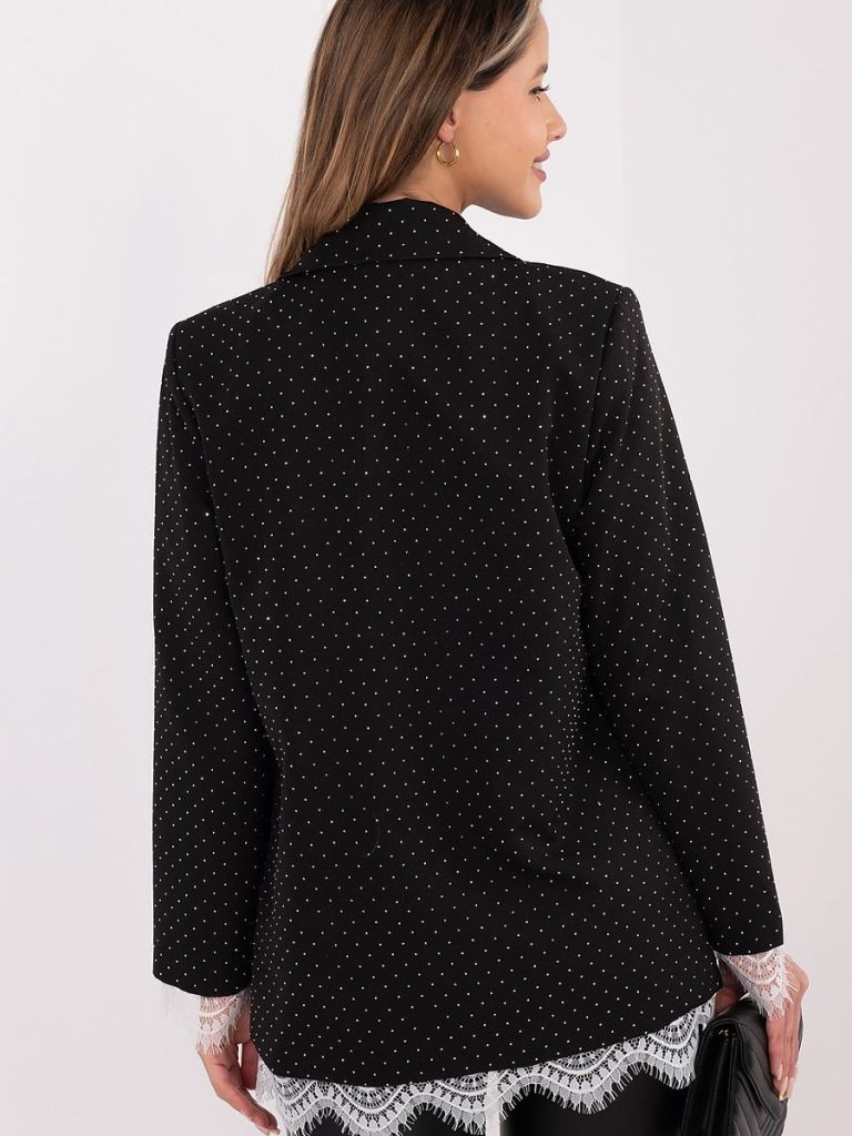 Veste soirée noire strass dentelle, coupe élégante épaulettes — vue 2