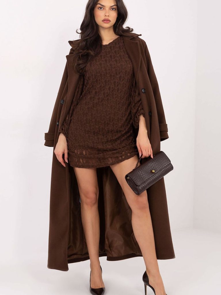 Robe dentelle brun manches bouffantes plis latéraux femme — vue 1
