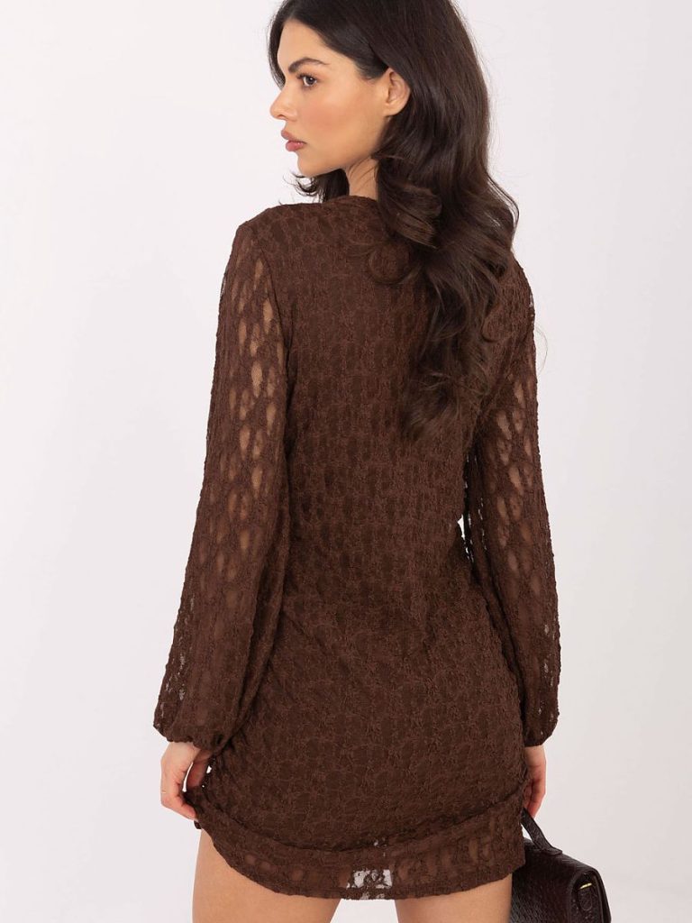 Robe dentelle brun manches bouffantes plis latéraux femme — vue 2