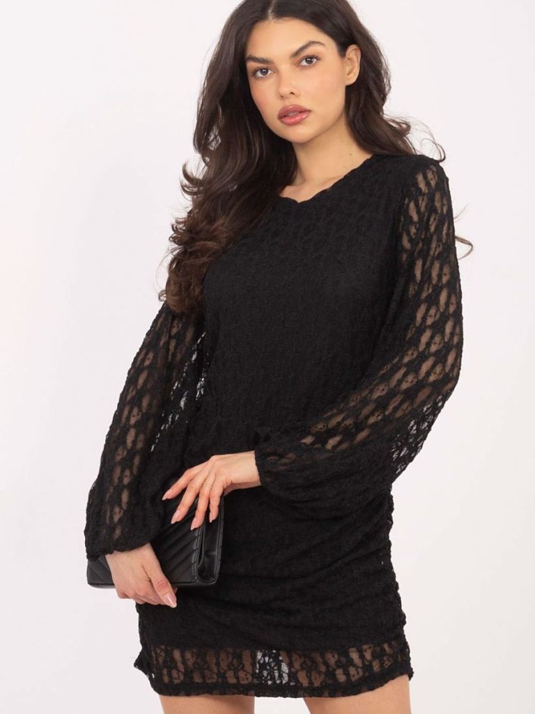 Robe courte dentelle noire manches bouffantes, fronces latérales, encolure ronde — vue 3