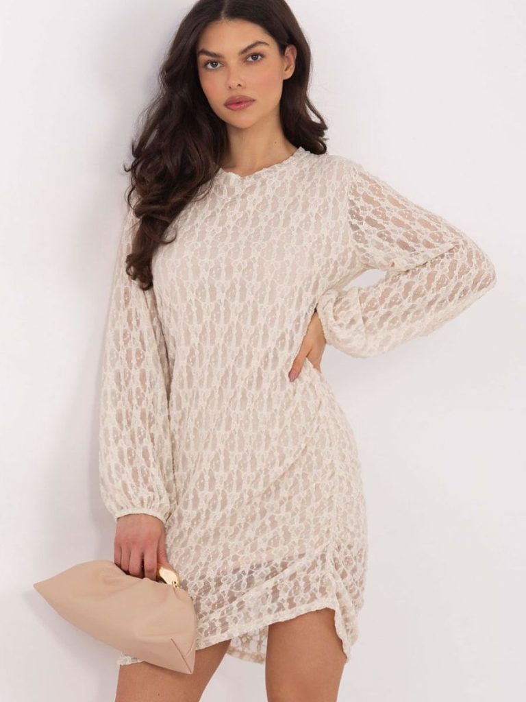 Robe de soirée beige en dentelle avec manches bouffantes longues — vue 3