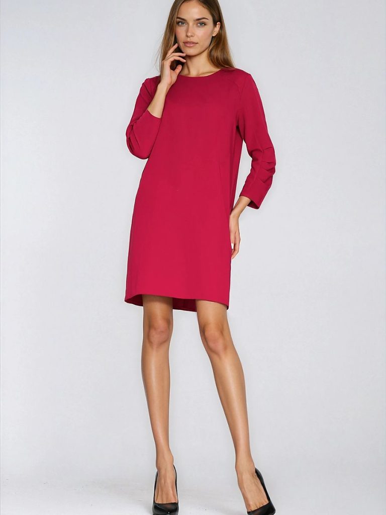 Robe Léa rouge fluide coupe A manches 3/4 col rond