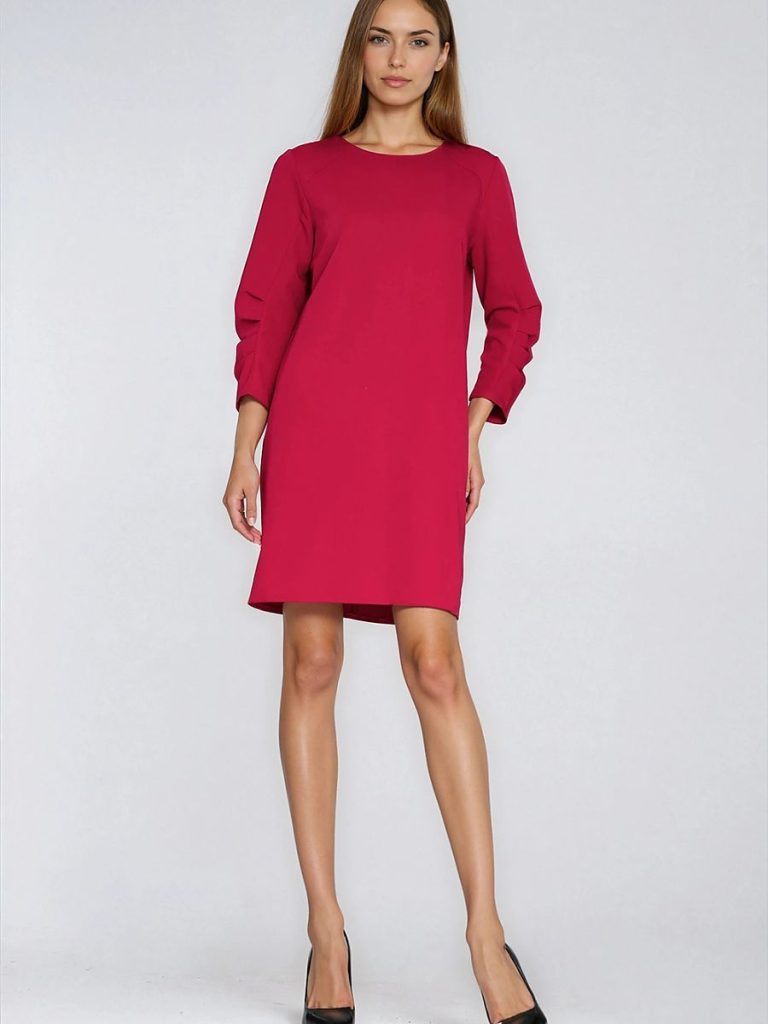 Robe Léa rouge fluide coupe A manches 3/4 col rond — vue 1