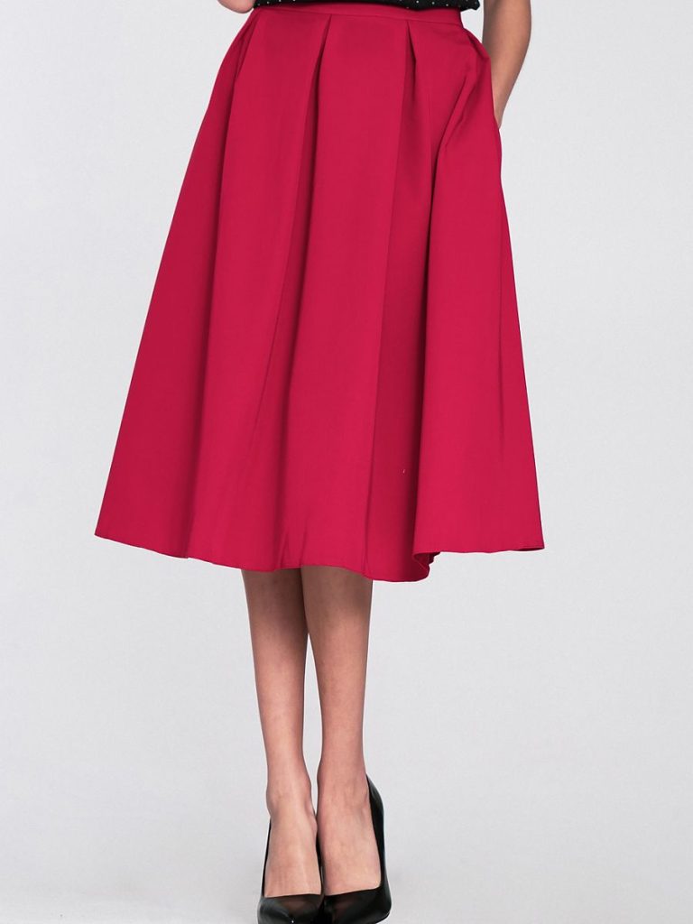 Jupe midi plissée rouge Léa, taille marquée, vue de face