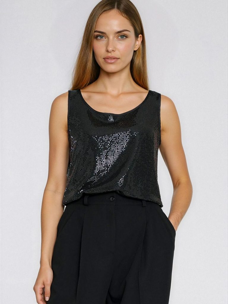 Chemisier noir sans manches avec sequins délicats, coupe régulière