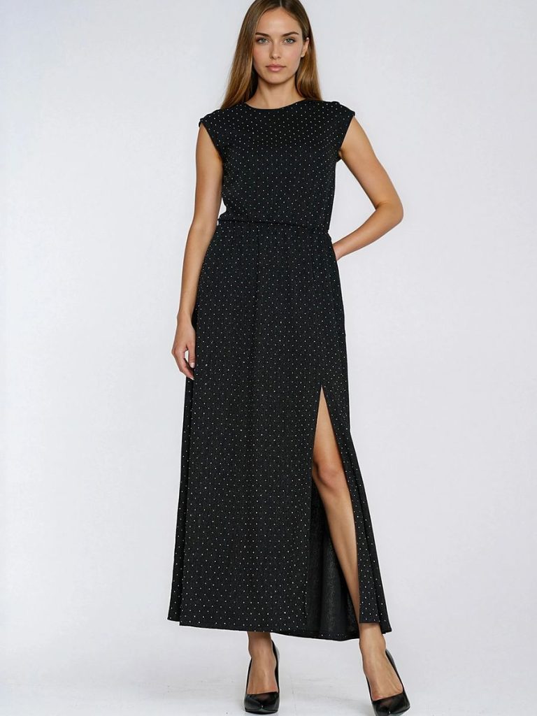 Robe soirée noire paillettes fluide dos nu décolleté rond