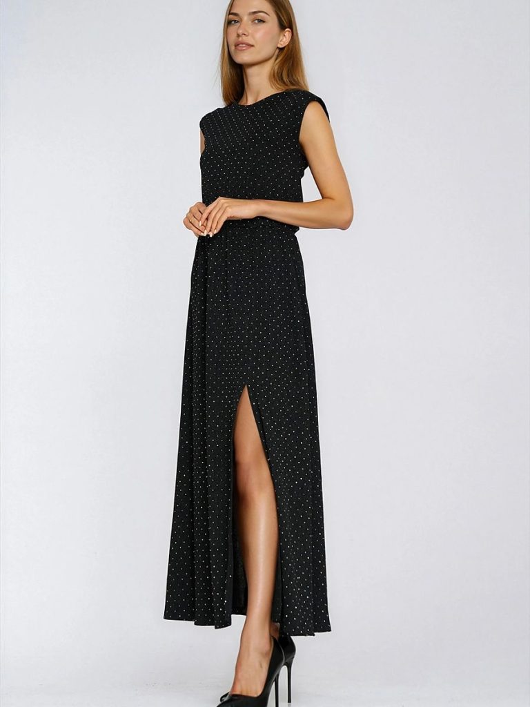 Robe soirée noire paillettes fluide dos nu décolleté rond — vue 1