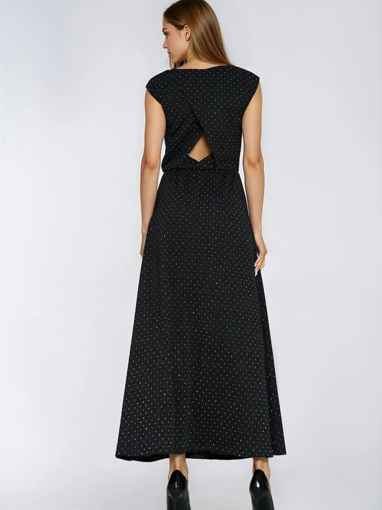 Robe soirée noire paillettes fluide dos nu décolleté rond — vue 2