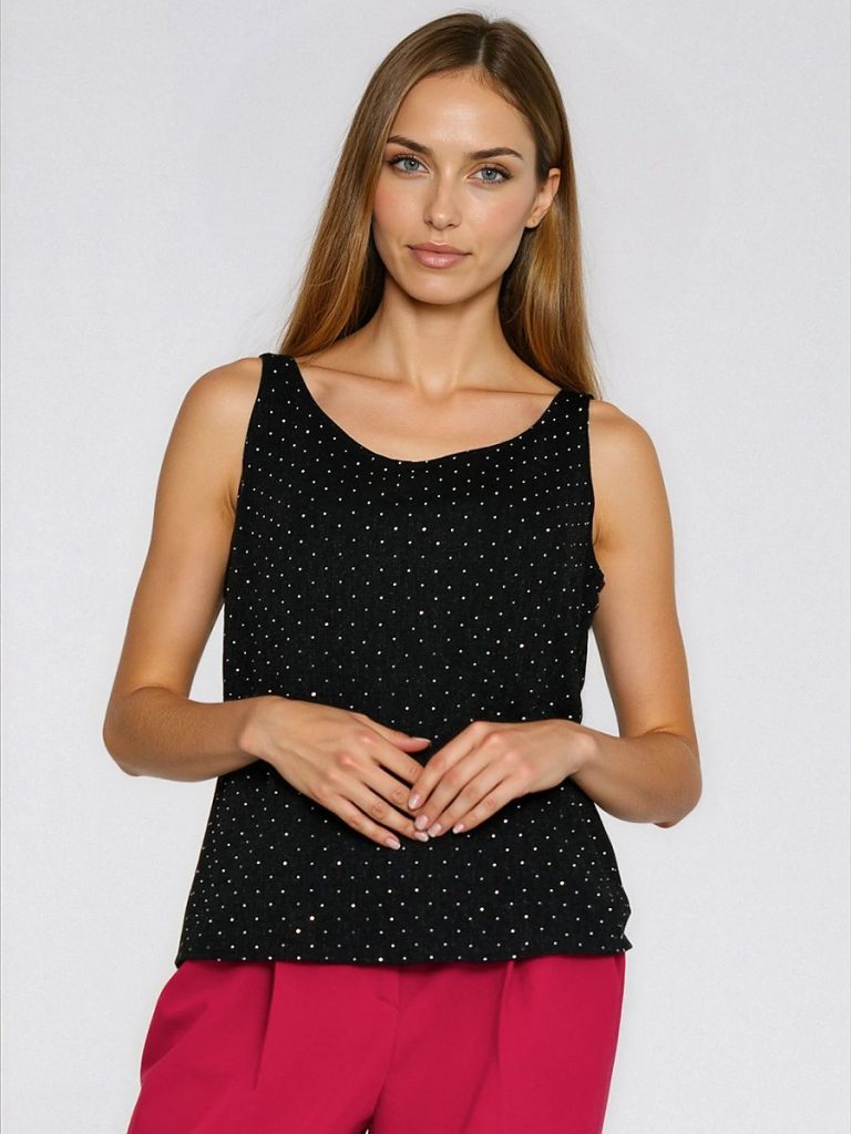 Blouse sans manches multicouleur avec strass argentés, encolure ronde