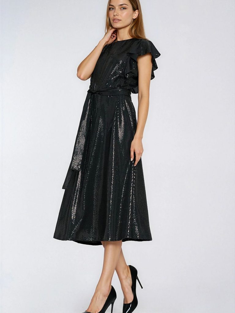 Robe soirée noire avec paillettes cousues et volants délicats sur épaules — vue 1