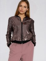 Sweatshirt femme gris paillettes collées fermeture éclair