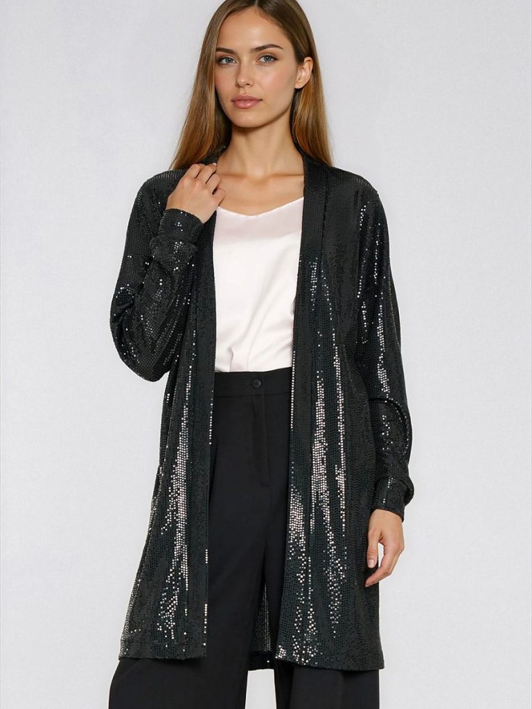Blazer noir à sequins oversize, manches longues élastiques
