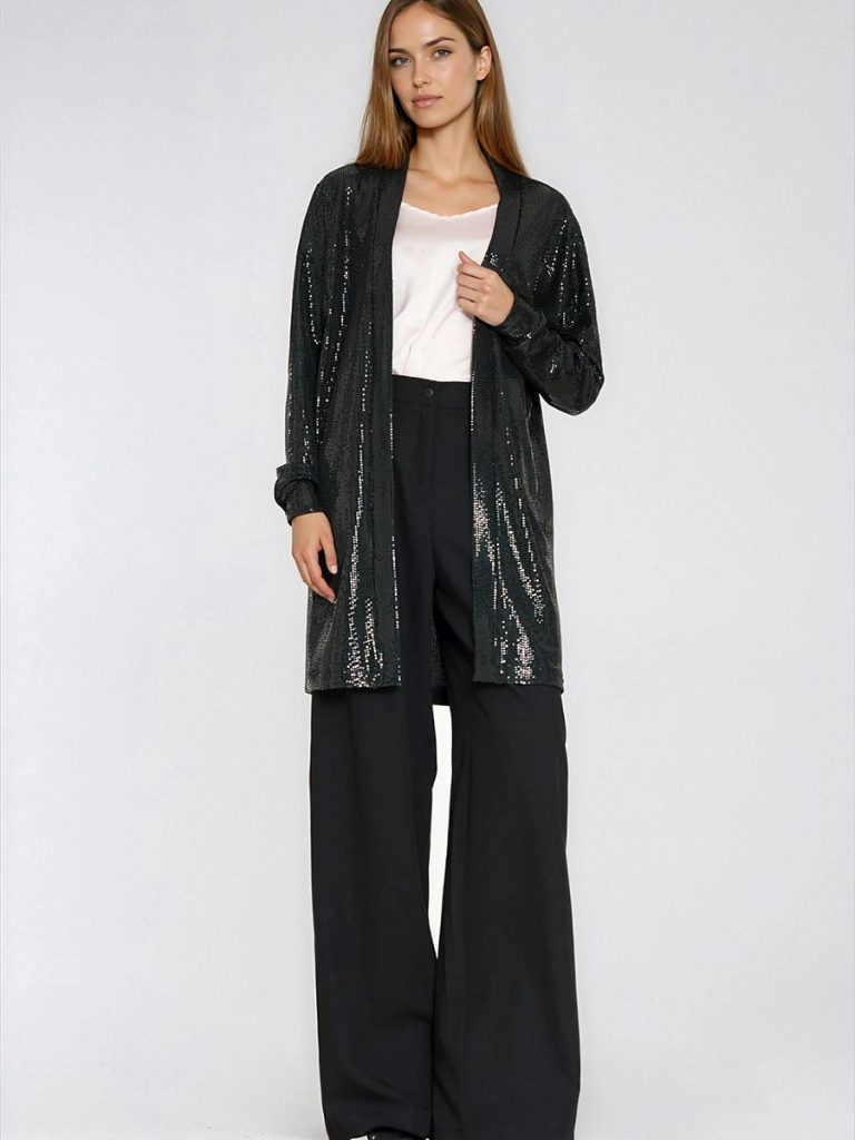 Blazer noir à sequins oversize, manches longues élastiques — vue 1