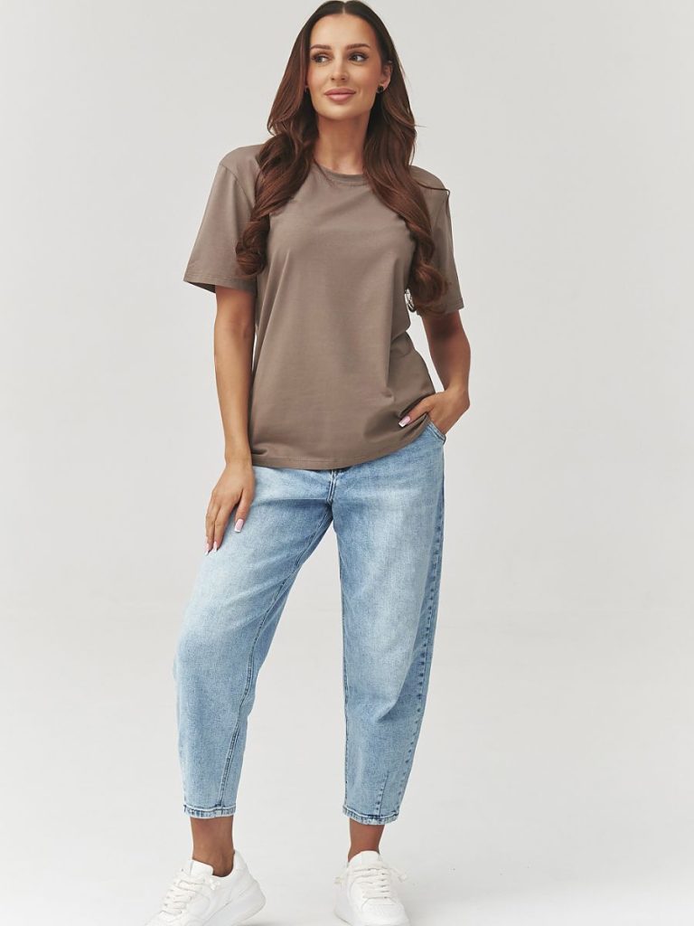 T-shirt femme beige manches trois-quarts, décolleté sportif, coton naturel — vue 1