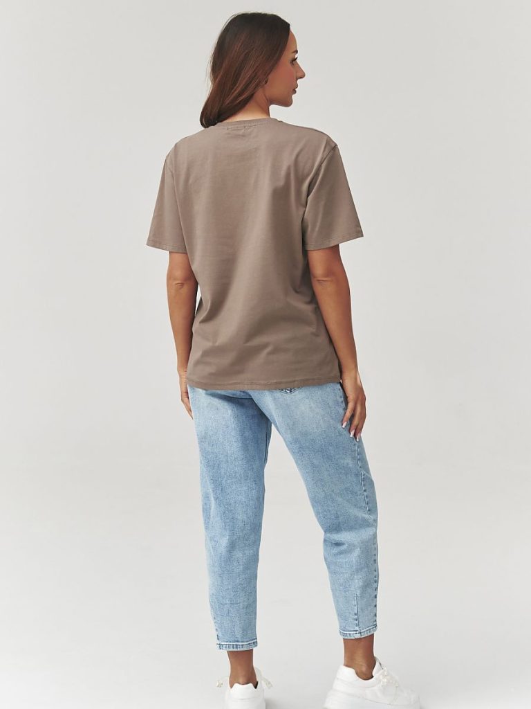 T-shirt femme beige manches trois-quarts, décolleté sportif, coton naturel — vue 2