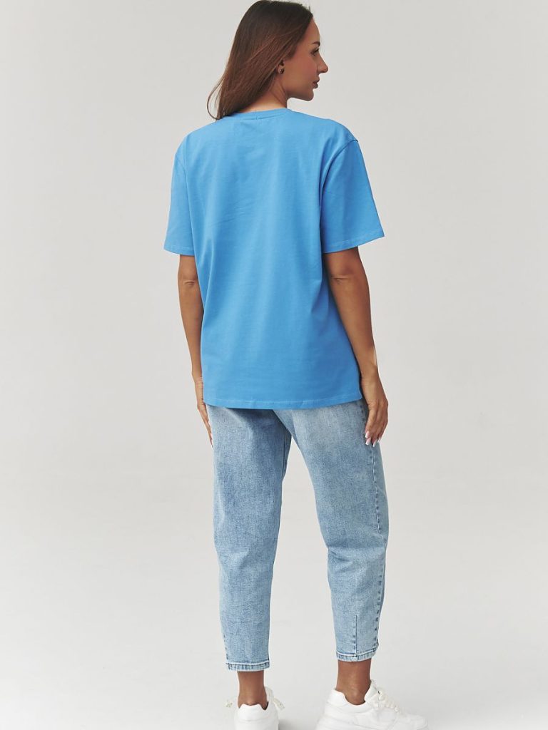 T-shirt bleu manches 3/4 coton, coupe classique épousant la silhouette — vue 2