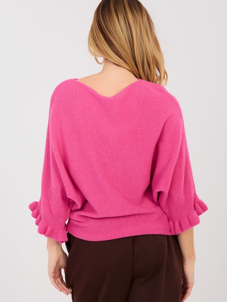 Pull femme col bateau manches volantées teinte rosé poudré — vue 2