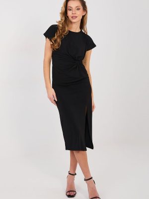 Robe cocktail midi drapée col rond manches courtes élégante
