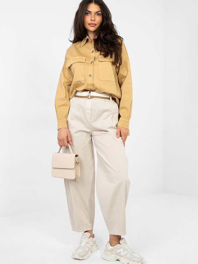 Chemise Léa beige en coton stretch, col classique, manches longues — vue 1