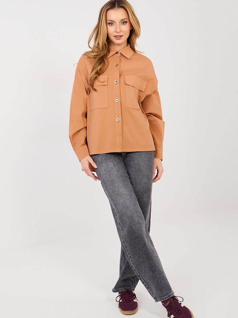 Chemise beige femme coton stretch manches longues col classique — vue 1