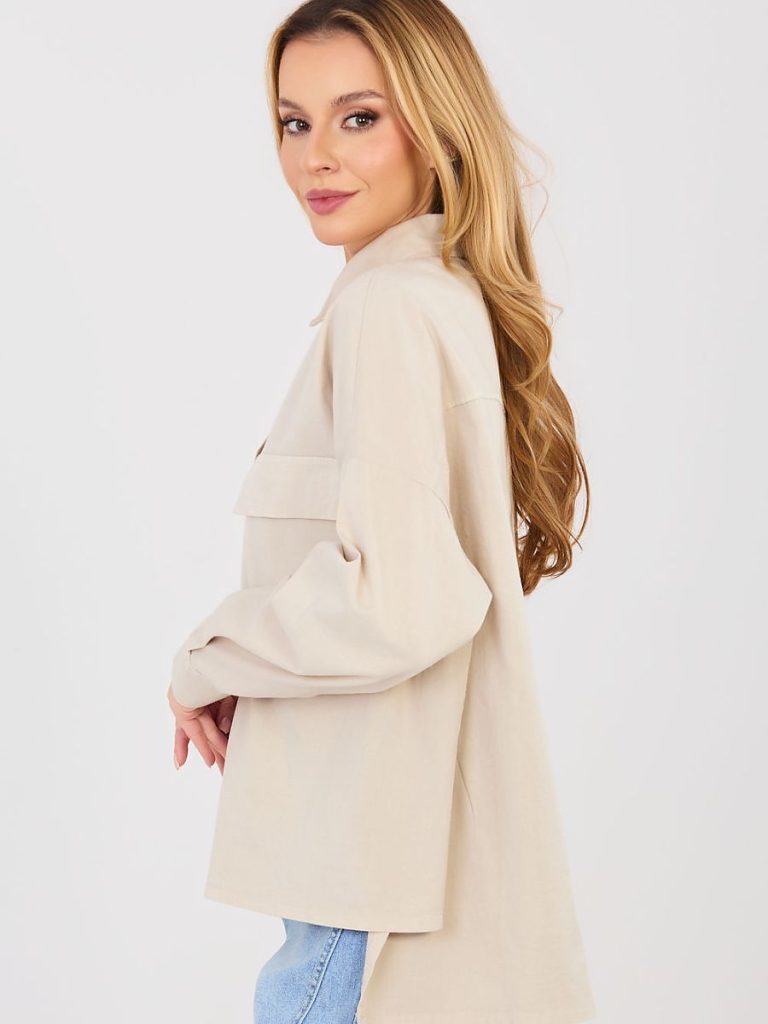 Chemise beige femme manches longues col classique poches — vue 1