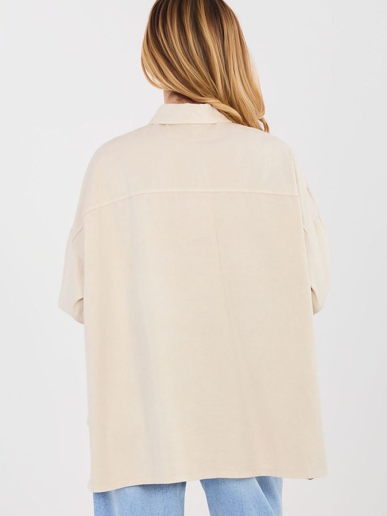 Chemise beige femme manches longues col classique poches — vue 2