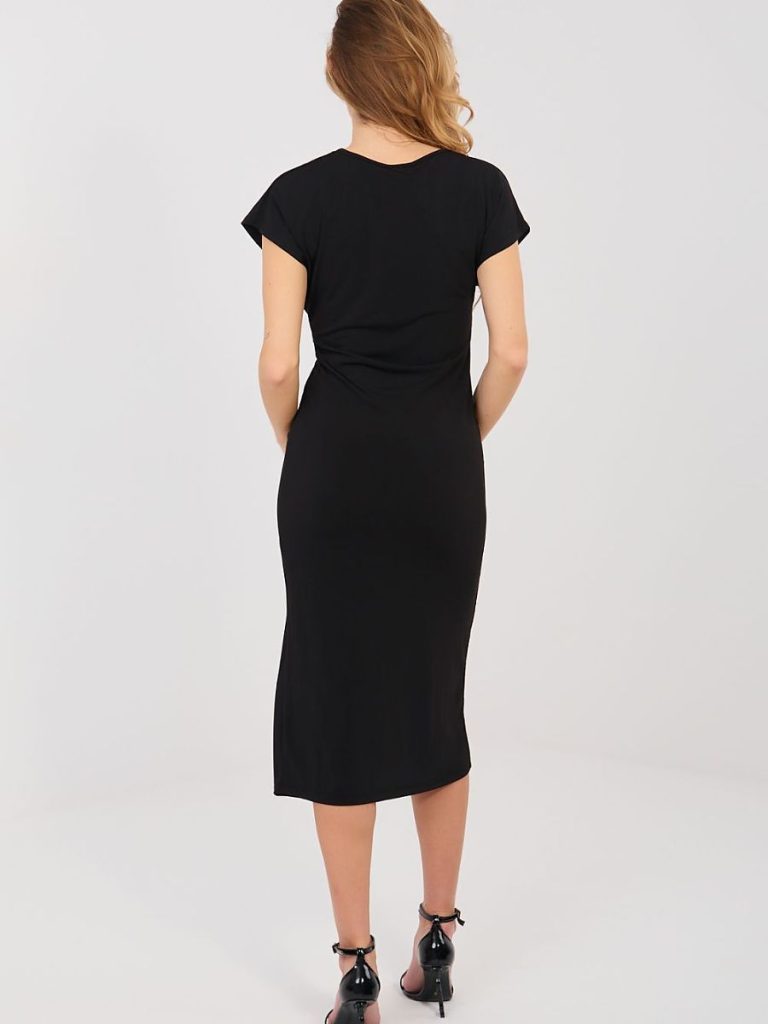 Robe de cocktail noire crayon drapée avec fente latérale, décolleté rond — vue 2
