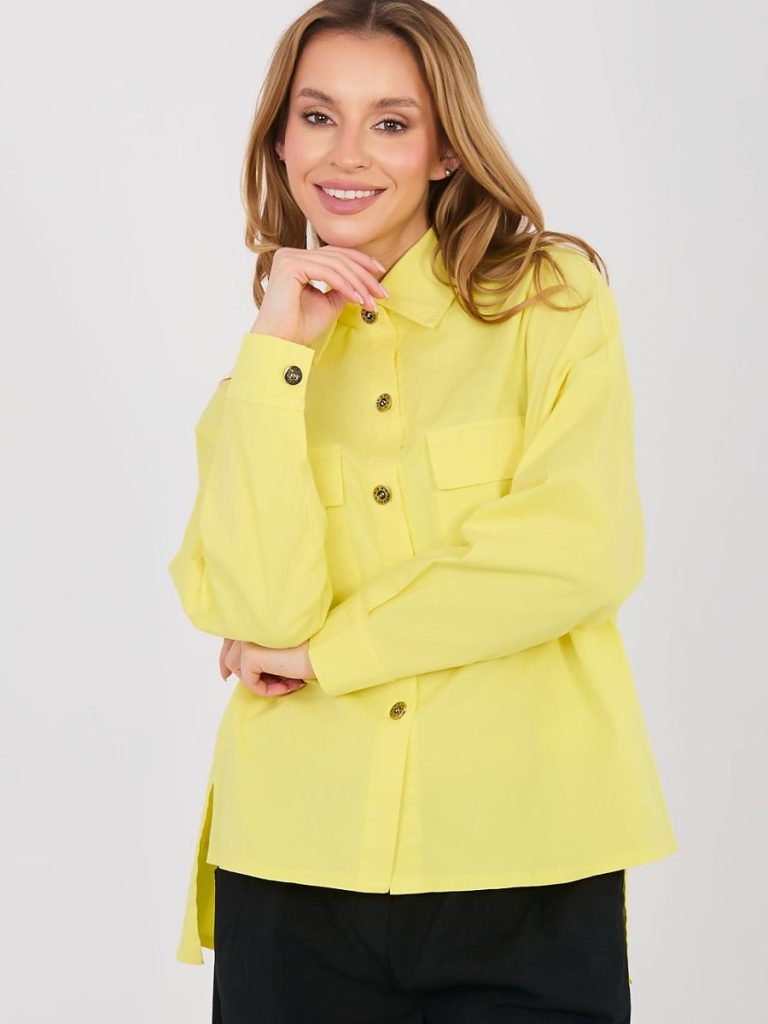 Chemise Léa jaune en coton stretch, col classique poches plaquées — vue 3