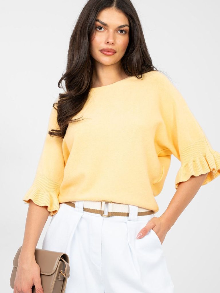 Pull femme jaune manches volantées, encolure ronde