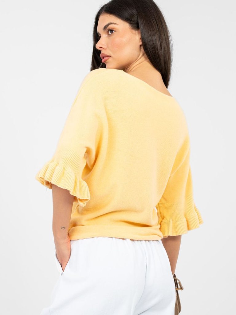 Pull femme jaune manches volantées, encolure ronde — vue 2