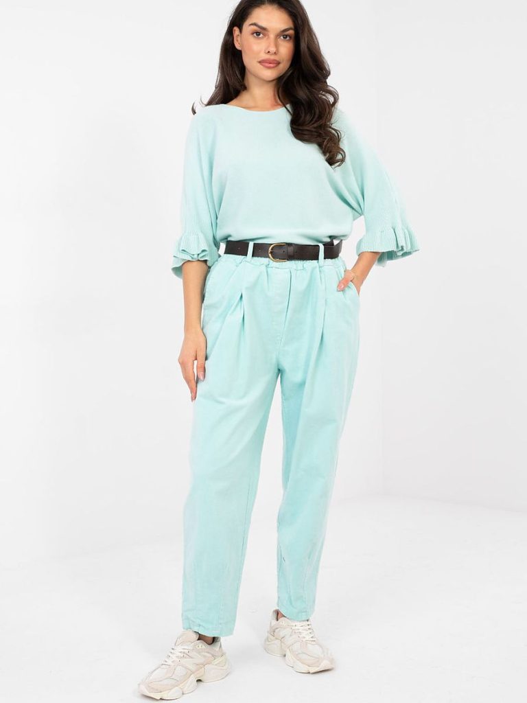 Pull Éva bleu femme col rond manches volants