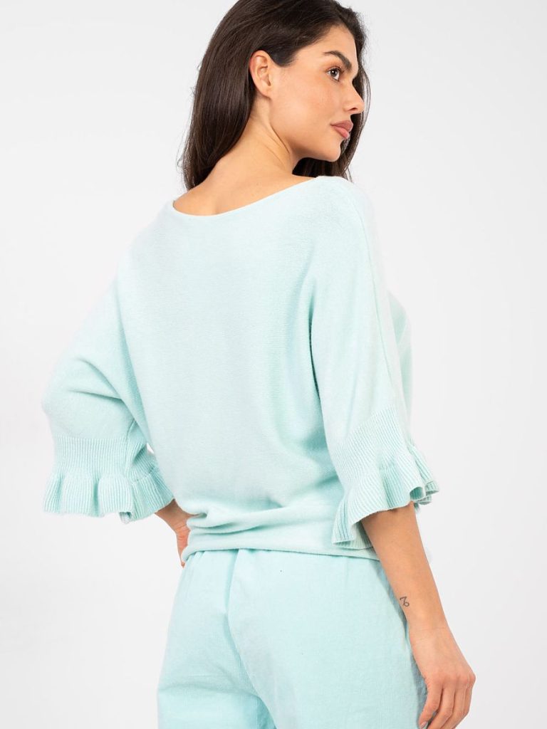 Pull Éva bleu femme col rond manches volants — vue 2
