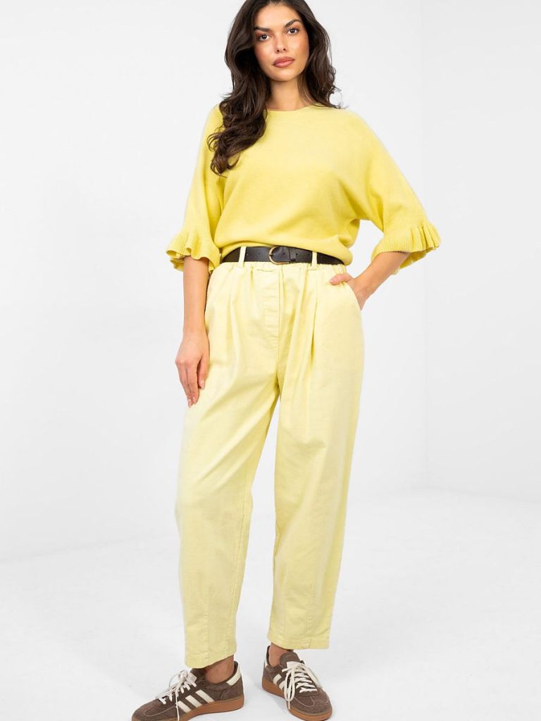 Pull jaune femme avec volants aux manches 3/4, encolure ronde