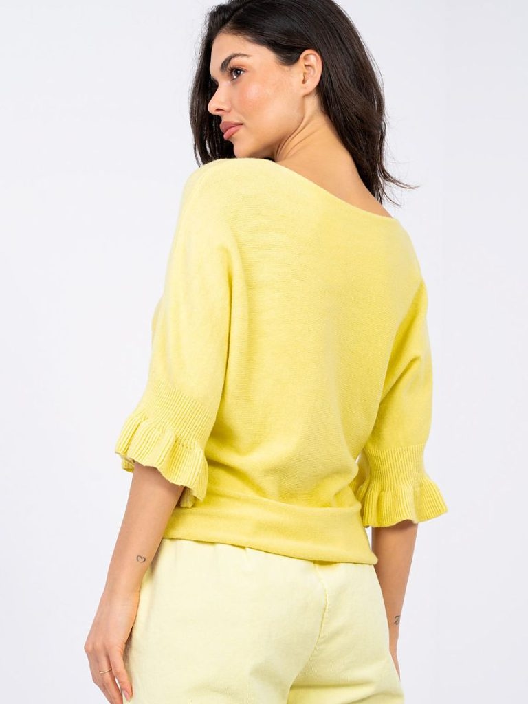 Pull jaune femme avec volants aux manches 3/4, encolure ronde — vue 2