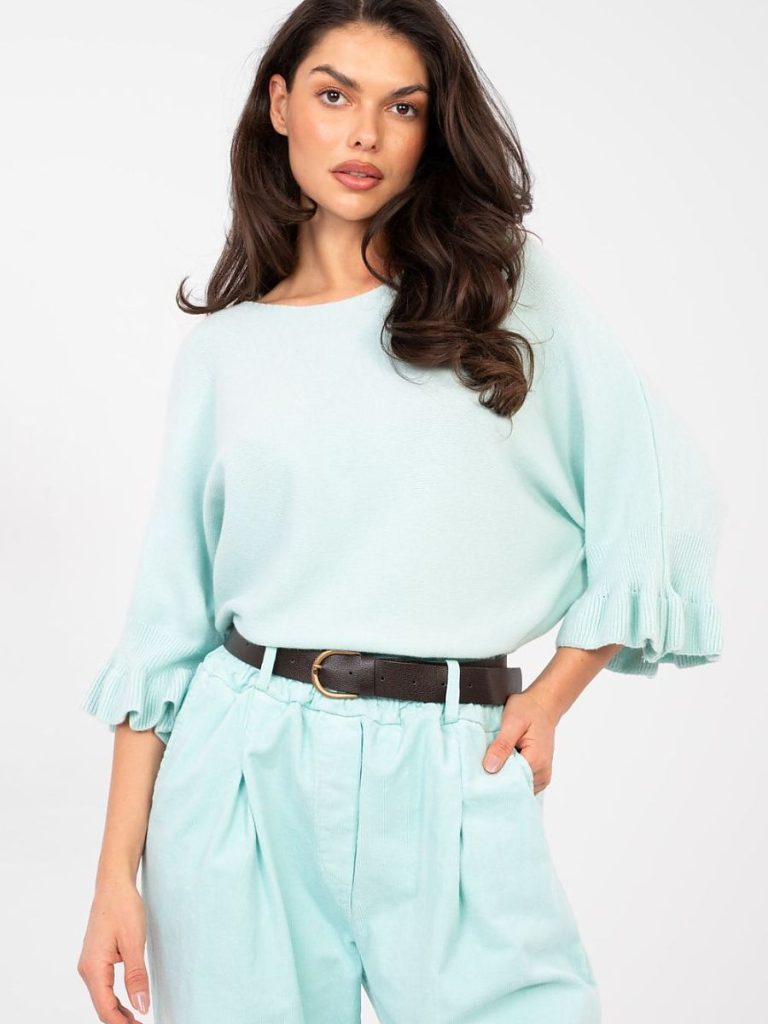 Pull Éva bleu femme col rond manches volants — vue 3