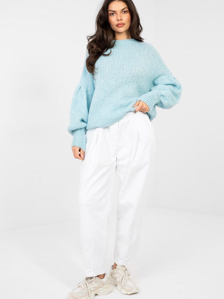 Pull bleu femme manches bouffantes motif graphique, couture soignée — vue 1
