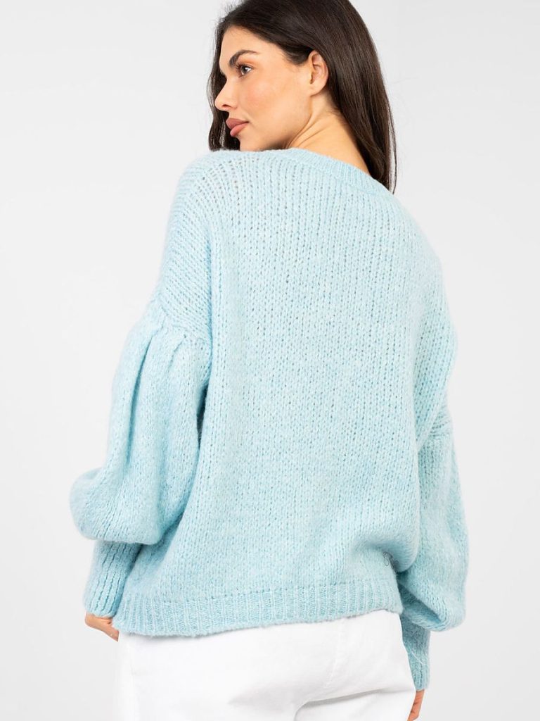Pull bleu femme manches bouffantes motif graphique, couture soignée — vue 2