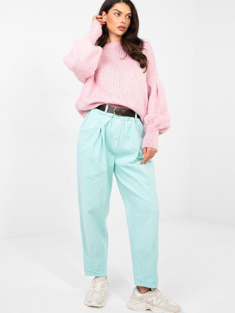 Pull Léa col roulé manches bouffantes en maille rosé motif graphique — vue 1