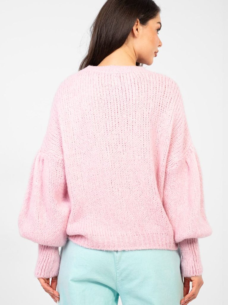 Pull Léa col roulé manches bouffantes en maille rosé motif graphique — vue 2