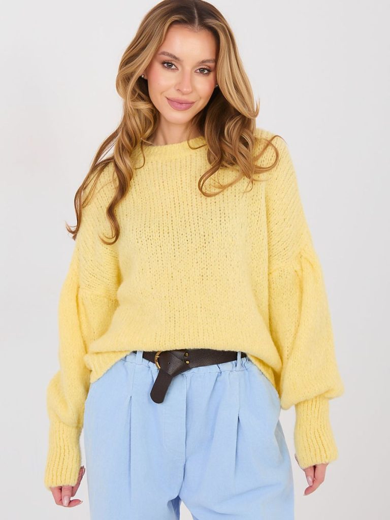Pull femme manches bouffantes jaune col roulé élégant