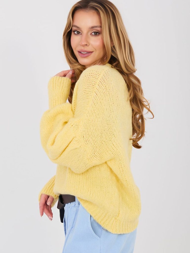Pull femme manches bouffantes jaune col roulé élégant — vue 2