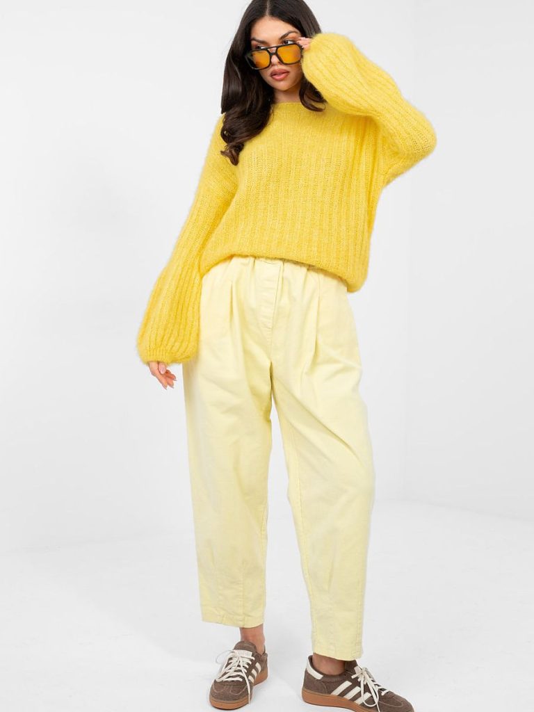 Pull femme jaune manches bouffantes col rond coupe ample — vue 1
